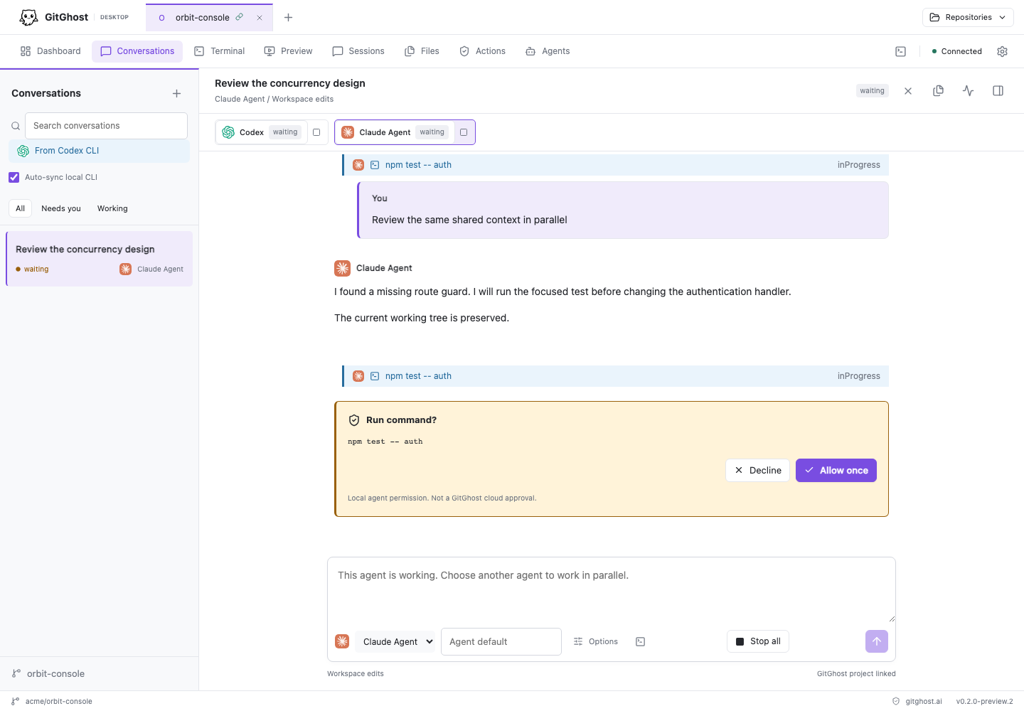 GitGhost Desktop showing a shared coding-agent conversation and approval
