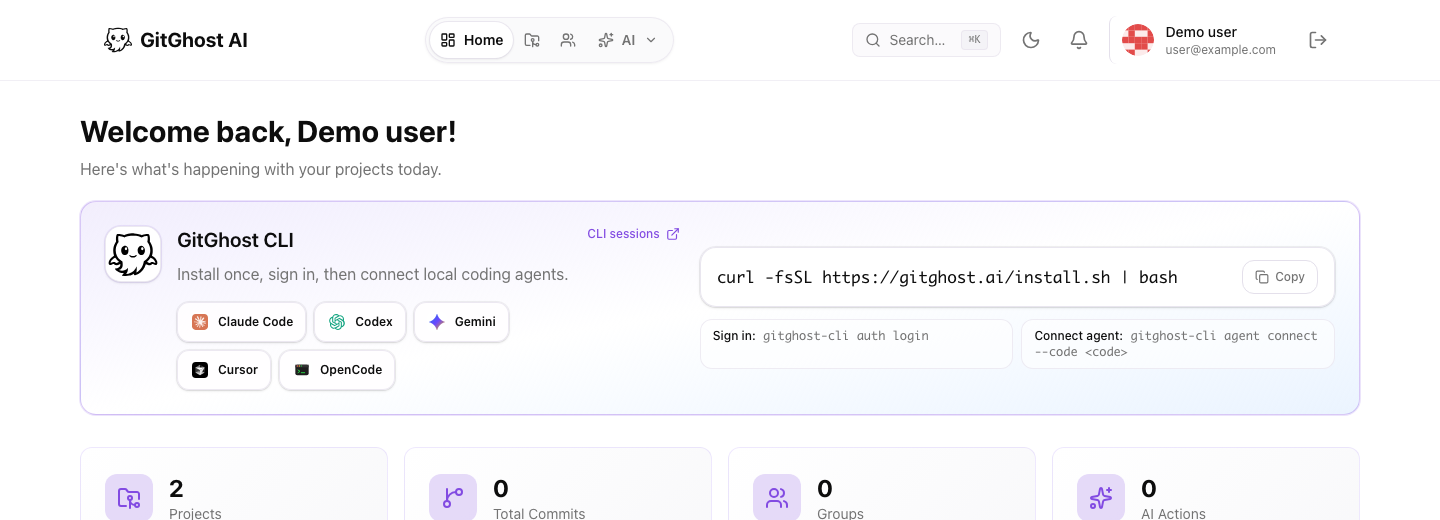 GitGhost web dashboard with projects and coding-agent setup